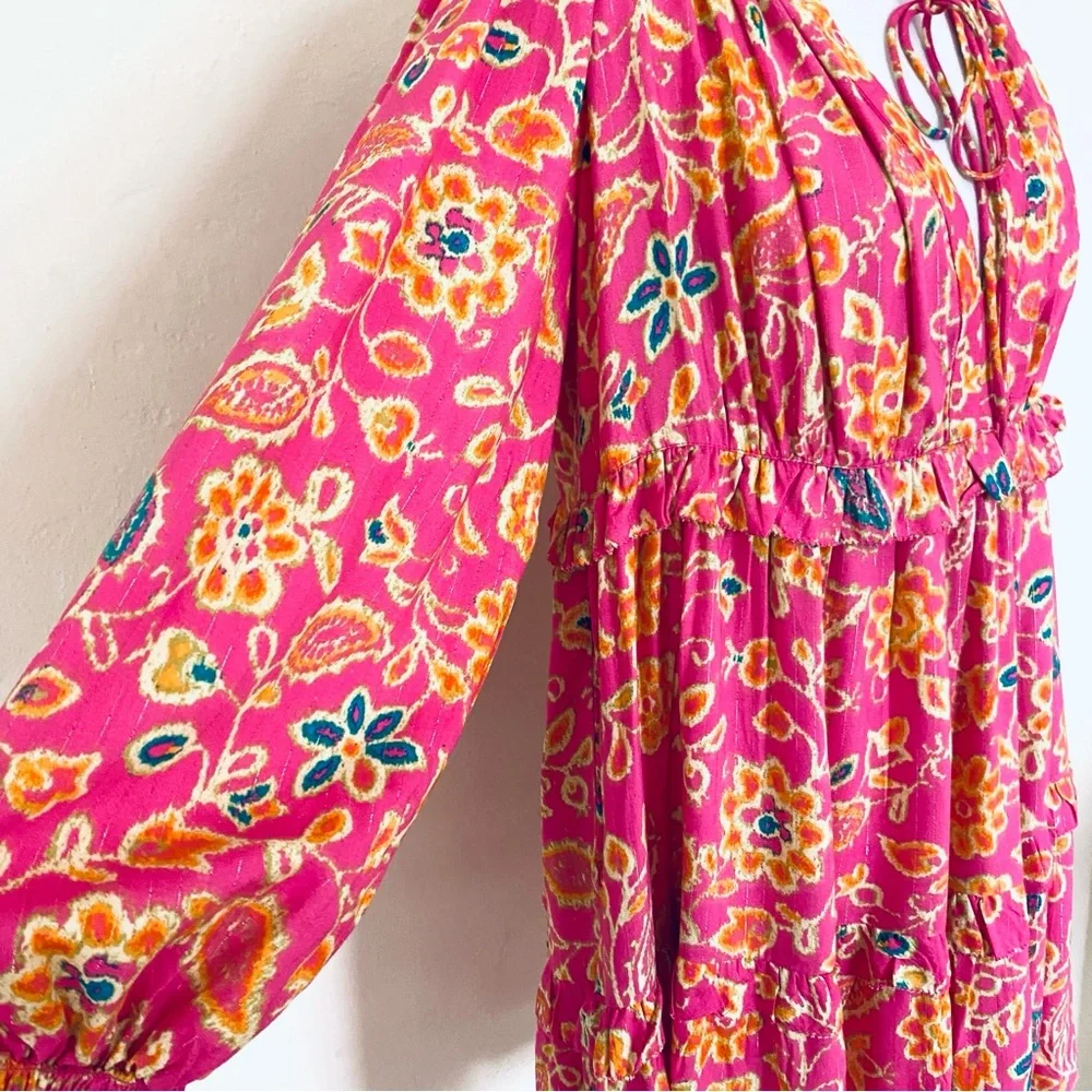 HOUSE OF HARLOW 1960 Dress Pink Floral Mini Balloon Sleeves Small Boho Chic - Picture 2 of 14